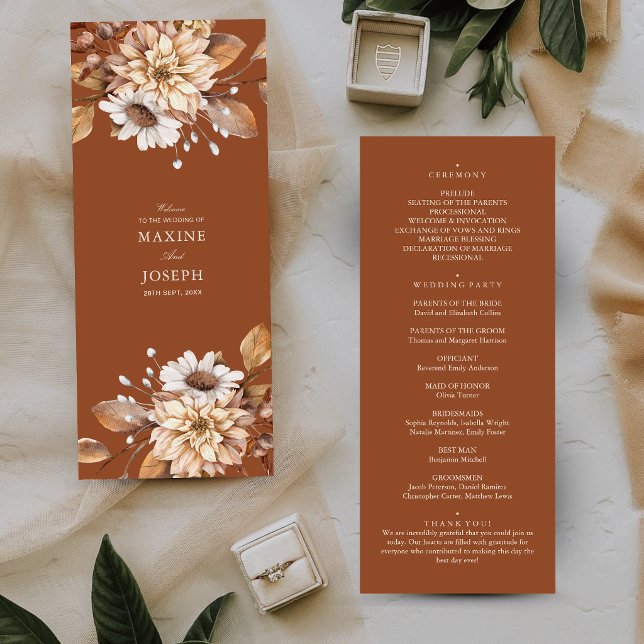 Programme Élégant Mariage Bohème Floral Terracotta Moderne d (Terracotta floral wedding programs guide guests with elegance on your special day.)