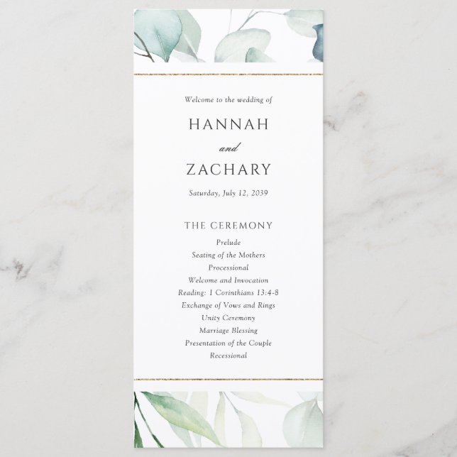 Programme Élégant mariage botanique à l'aquarelle verdoyante (Devant)
