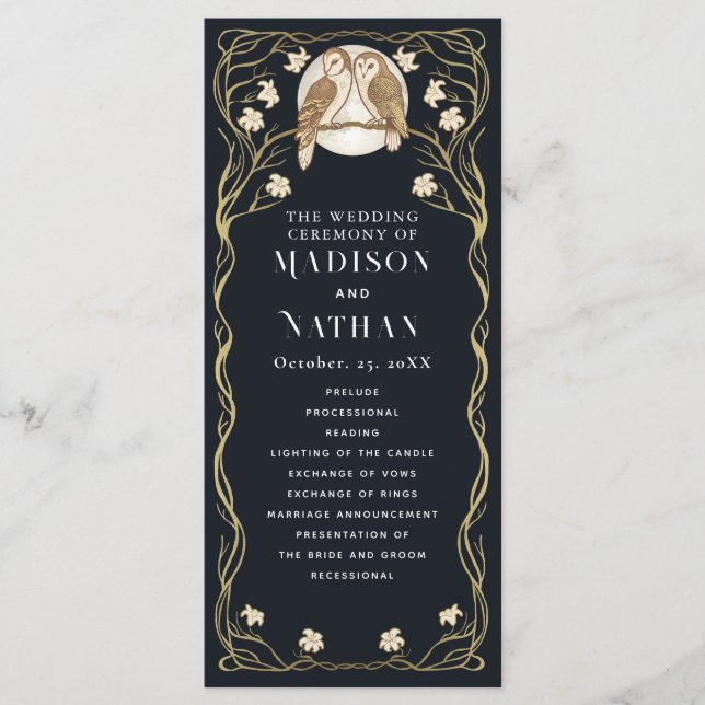 Programme Élégant Mariage de Chouettes Art Nouveau (Devant)