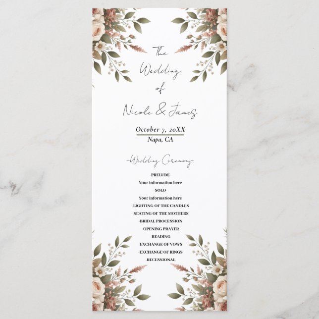 Programme Élégant mariage de coin floral vert olive et blanc (Devant)