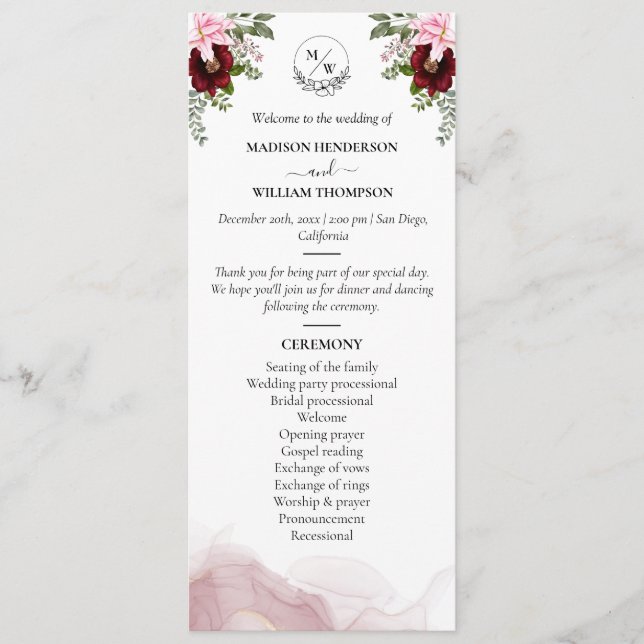 Programme Élégant Mariage de fleurs bordeaux (Devant)