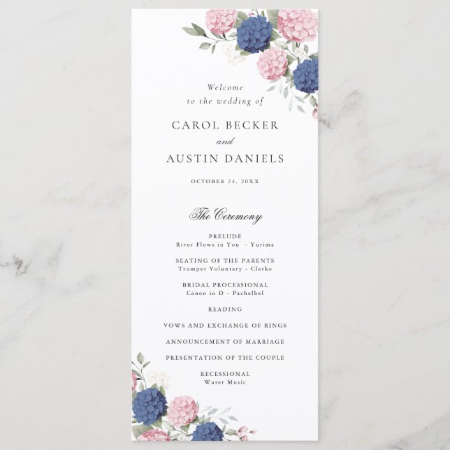 Programme Élégant mariage floral aux hydrangeas roses et ble (Devant)