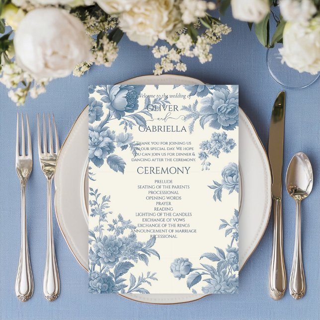 Programme Élégant Mariage Floral bleu toile française (Créateur téléchargé)