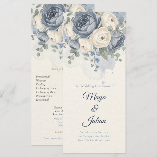 Programme Élégant mariage floral français aux pivoines bleue (Devant / Derrière)