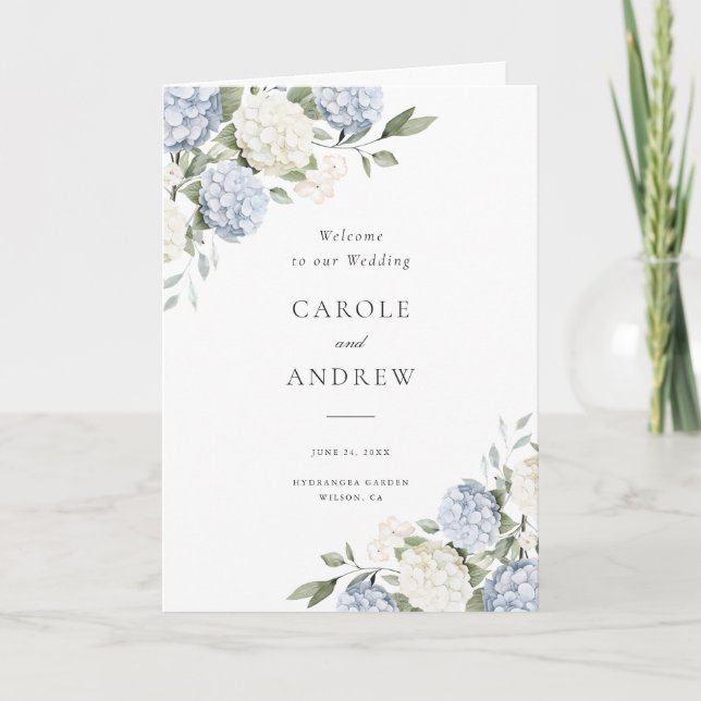 Programme Élégant mariage plié aux hortensias bleus floraux (Devant)