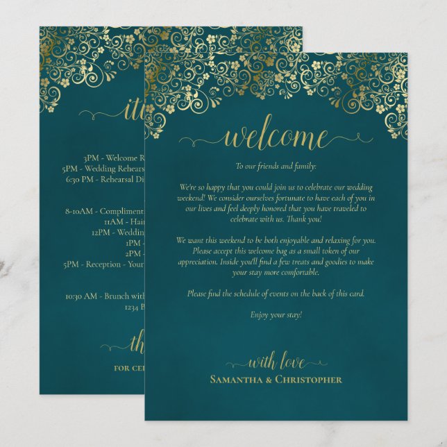 Programme Élégant Mariage Teal & Or Bienvenue & Itinéraire (Devant / Derrière)