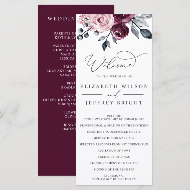 Programme Elegant Modern Botanical Burgundy Floral Wedding (Devant / Derrière)