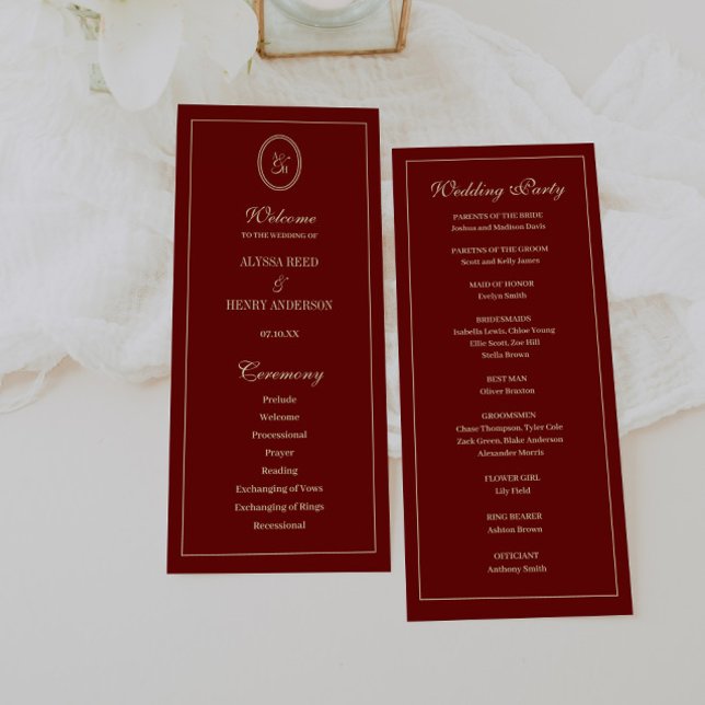 Programme Elegant Monogram Script Wine Red Wedding Ceremony (Créateur téléchargé)