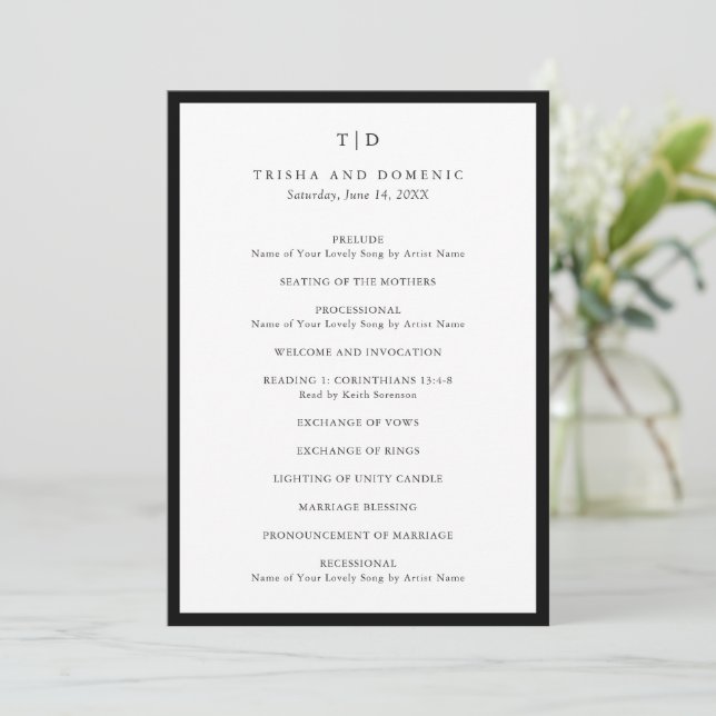Programme Élégant Monogramme Mariage Moderne Noir et Blanc (Debout devant)