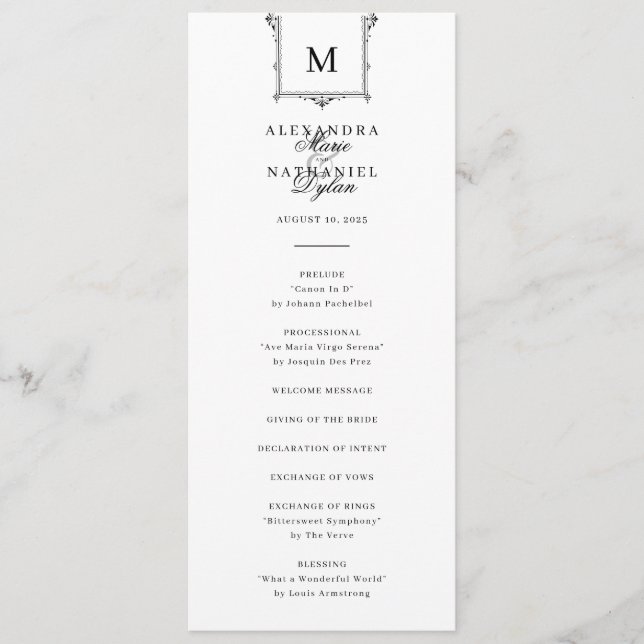 Programme Élégant Monogramme Vintage Mariage noir et blanc (Devant)