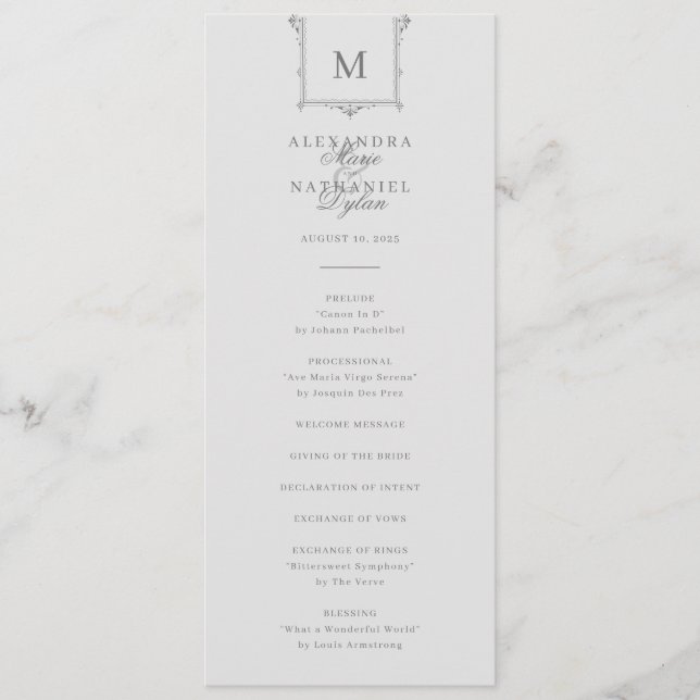 Programme Élégant Monogramme Vintage Mariage noir et blanc (Devant)