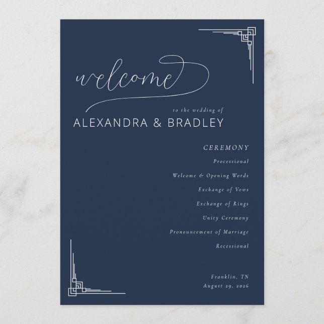 Programme Elegant Navy Geometric Wedding Ceremony Schedule (Devant)