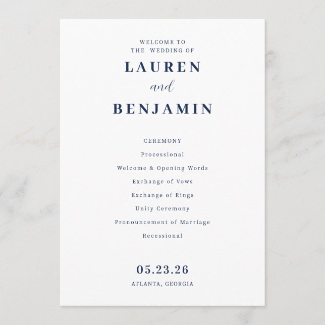 Programme Elegant Navy Minimalist Wedding Ceremony (Devant)