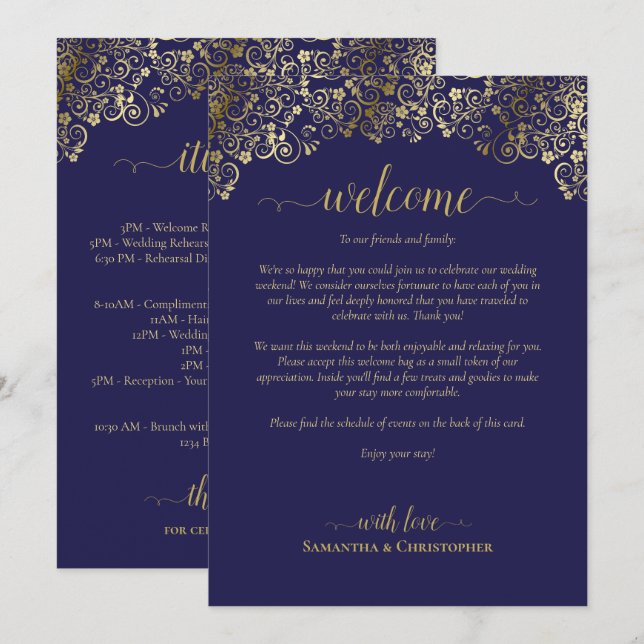 Programme Élégant Navy & Or Mariage Accueil & Itinéraire (Devant / Derrière)