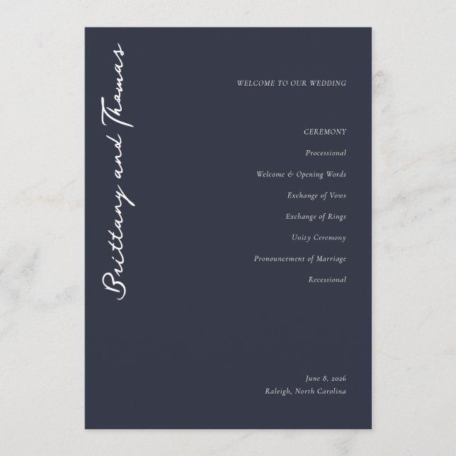 Programme Elegant Navy Wedding Ceremony Program (Devant)