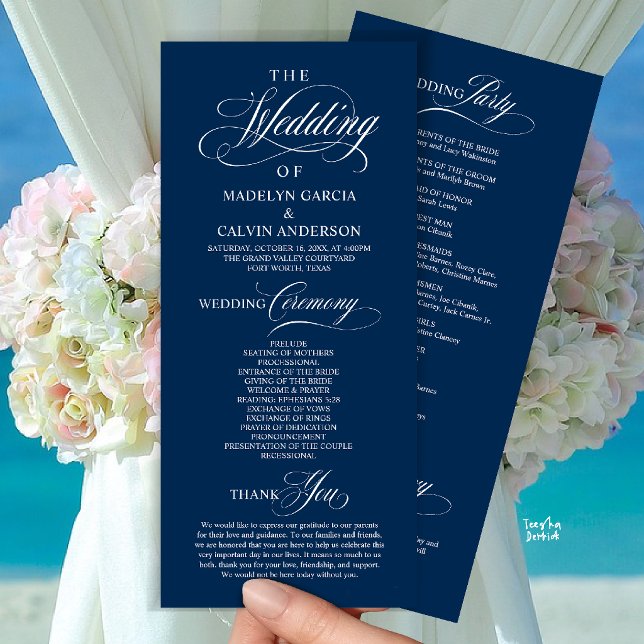 Programme Élégant Ordre de Cérémonie de Mariage Bleu Nuit de (Elegant Classy Gold Script Wedding Ceremony Order Program Card in Navy Blue)