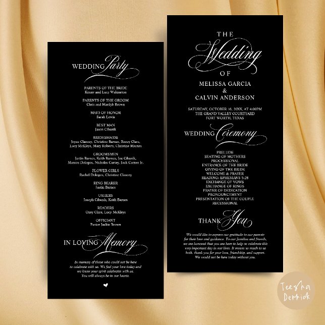 Programme Élégant Ordre de Cérémonie de Mariage Classe (Elegant Classy Wedding Ceremony Order Program Card in Black and White)