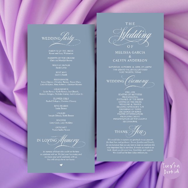 Programme Élégant Ordre de Cérémonie de Mariage Classe (Elegant Classy Wedding Ceremony Order Program Card in Dusty Blue)