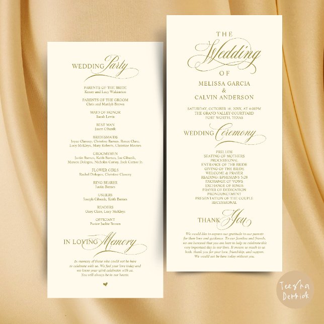 Programme Élégant Ordre de Cérémonie de Mariage Classe (Elegant Classy Wedding Ceremony Order Program Card in Gold and Cream)