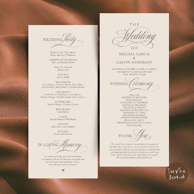 Programme Élégant Ordre de Cérémonie de Mariage Classe (Elegant Classy Wedding Ceremony Order Program Card in Cream and Grey)
