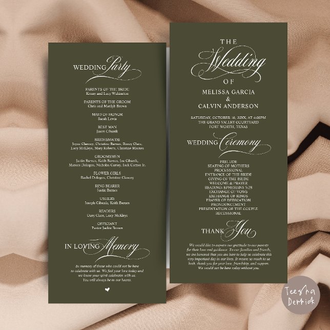 Programme Élégant Ordre de Cérémonie de Mariage Classe (Elegant Classy Wedding Ceremony Order Program Card in Olive Green)
