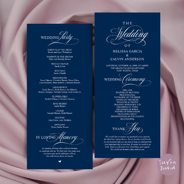 Programme Élégant Ordre de Cérémonie de Mariage Classe (Elegant Classy Wedding Ceremony Order Program Card in Navy Blue)