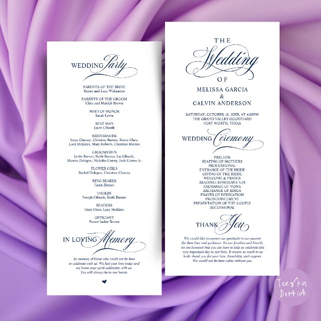 Programme Élégant Ordre de Cérémonie de Mariage Classe (Elegant Classy Wedding Ceremony Order Program Card in Navy Blue)