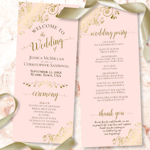 Programme Elegant Ornate Gold Lace on Blush Pink Wedding