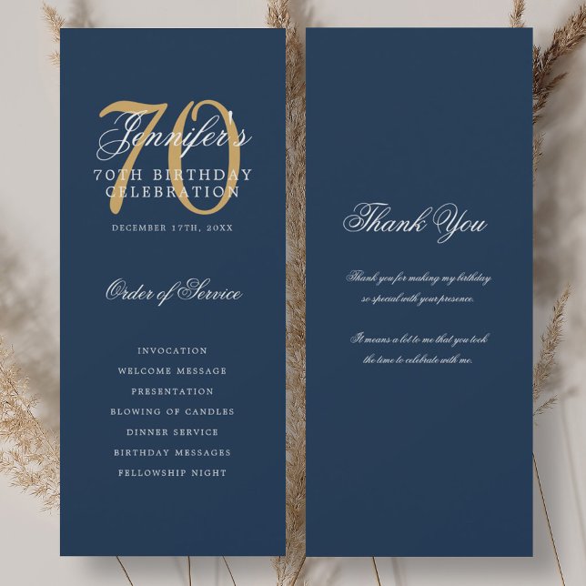 Programme élégant pour 70e anniversaire Or Marine  (Elegant 70th Birthday Program Gold Navy Thank You)