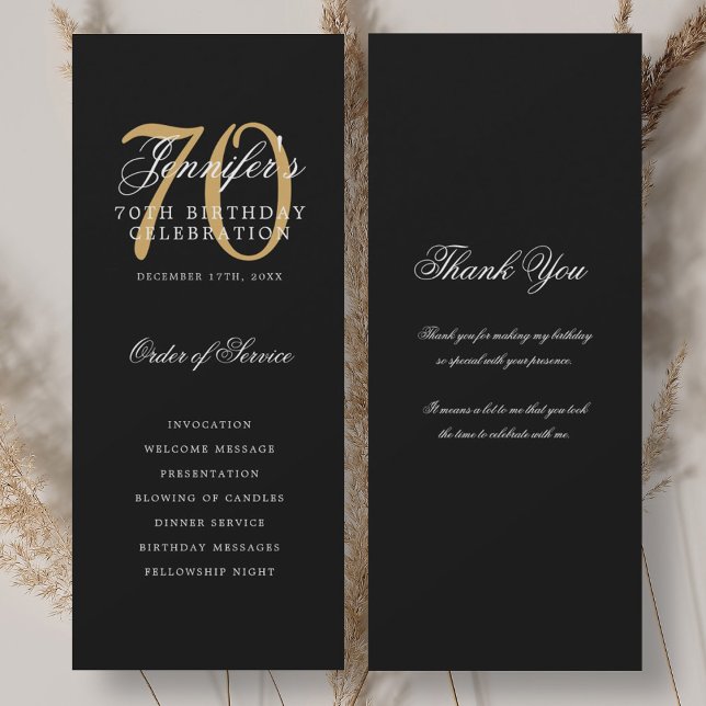 Programme élégant pour 70e anniversaire Or Noir Me (Elegant 70th Birthday Program Gold Black Thank You)