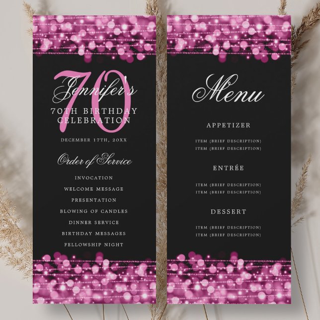 Programme élégant pour 70e anniversaire rose chaud (Elegant 70th Birthday Program Hot Pink w/ Menu)