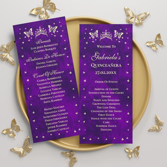 Programme Élégant Purple Gold Tiara Papillons Quinceañera (Elegant Purple Gold Tiara Butterflies Quinceañera Program)