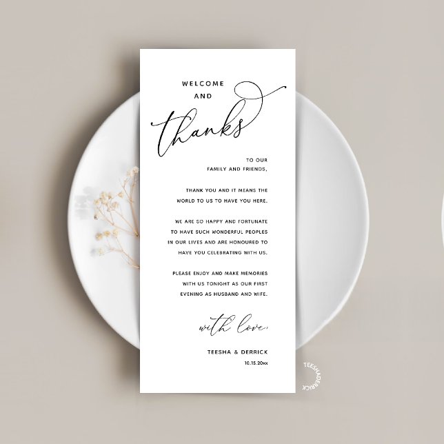 Programme Elegant Reception "Welcome and Thanks" Guest Card (Elegant Wedding Reception "Welcome and Thanks" Table Card for Guest in Black White)