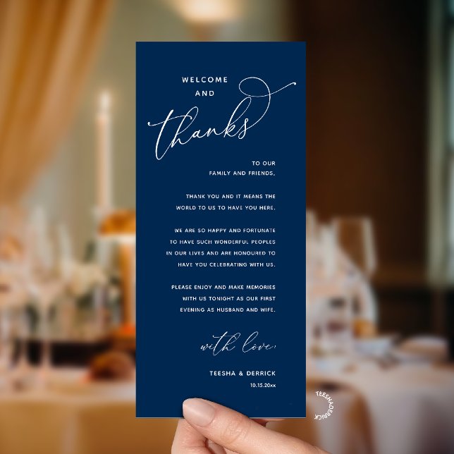 Programme Elegant Reception "Welcome and Thanks" Guest Card (Modern Elegant Wedding Reception "Welcome and Thanks" Table Card for Guest in Navy Blue)