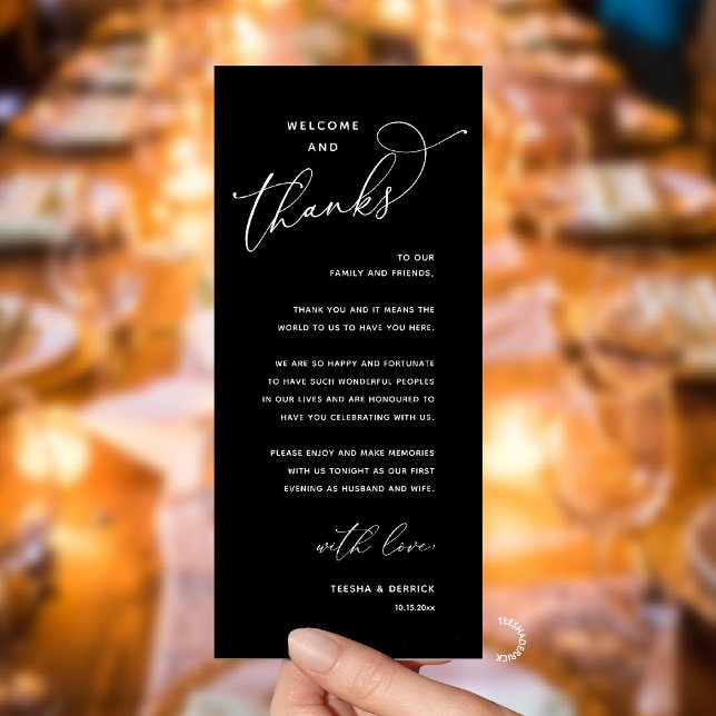 Programme Elegant Reception "Welcome and Thanks" Guest Card (Modern Elegant Wedding Reception "Welcome and Thanks" Table Card for Guest in Black White)