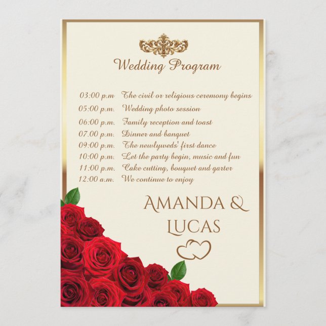 Programme Elegant Red Roses and Gold Frame Cream Wedding (Devant)