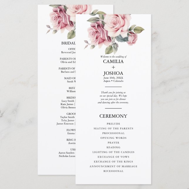 Programme Élégant Romantique Mariage Rose Rose Moderne Chic (Devant / Derrière)