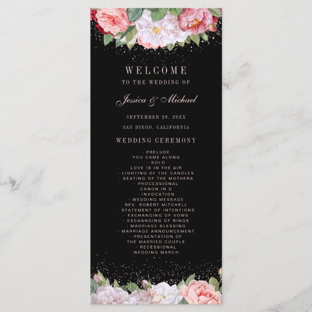 Programme Élégant Rose floral rose Mariage noir (Devant)
