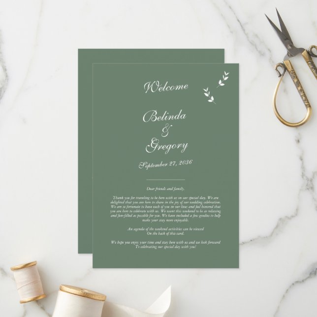 Programme Élégant Sage Olive Green Script Mariage Itinéraire (Devant/Arrière en situation)
