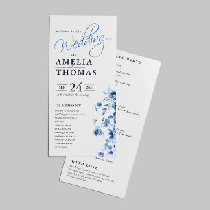 Programme Élégant Script Français Blue Floral Toile Mariage
