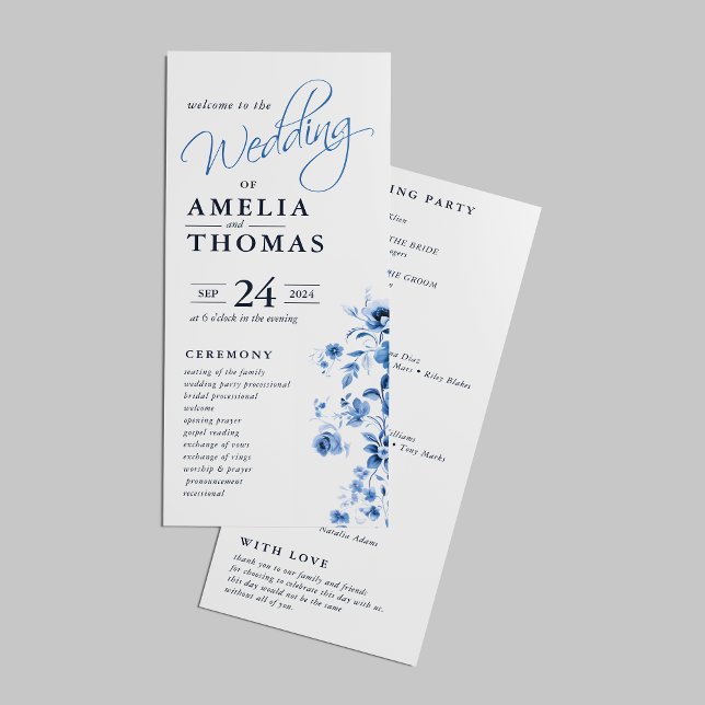 Programme Élégant Script Français Blue Floral Toile Mariage (Créateur téléchargé)
