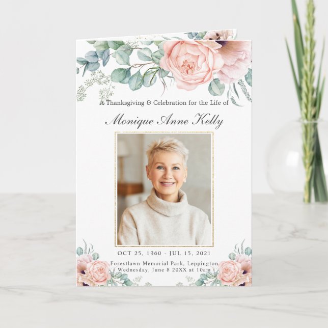 Programme Elegant Soft Blush Pink Roses Floral Photo Funeral (Devant)