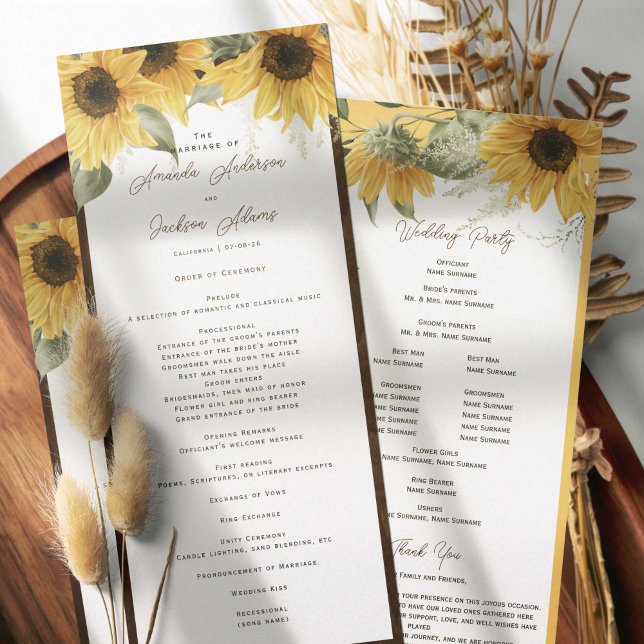 Programme Elégant tournesol rustique, mariage campagnard (Beautiful watercolor sunflower painting, rustic themed wedding programs for summer and fall wedding.)