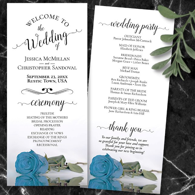 Programme Elégant Turquoise Sky Blue Rose Mariage romantique (Front and Back)