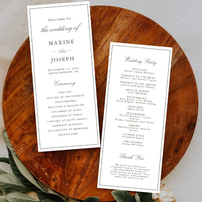 Programme Élégant Vert Poussiéreux Écriture Classique Mariag (Elegant dusty green wedding programs add a polished touch while sharing every detail.)