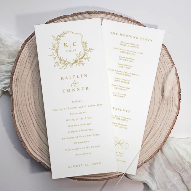 Programme Elegant Vintage Crest Gold Classic Wedding (Elegant wedding programs with vintage crest / wedding logo and wedding party info on back - in gold)