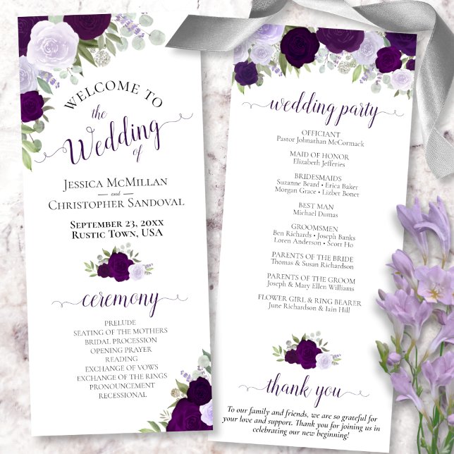 Programme Elégant violet Boho Aquarelle Mariage Floral (Front and Back)