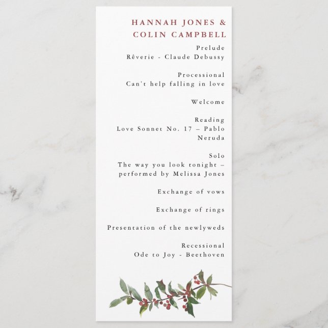 Programme Elégante Baies d'hiver Rouge Vert Aquarelle (Devant)