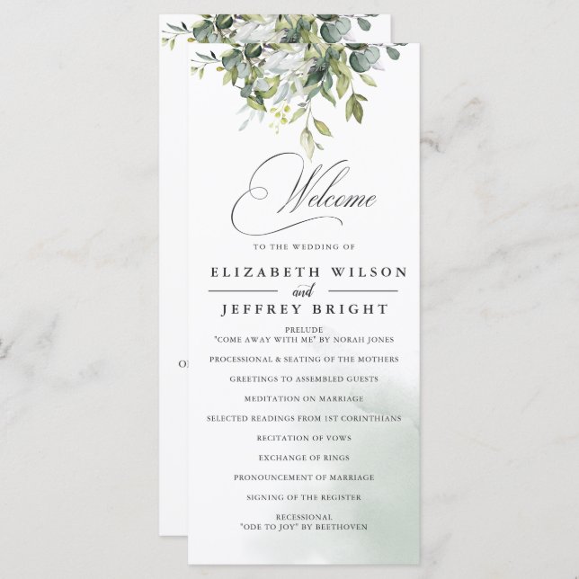 Programme Élégante calligraphie Verdure Eucalyptus Mariage (Devant / Derrière)