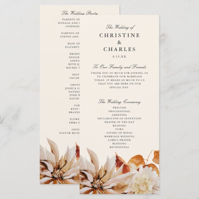 Programme Élégante cérémonie de Mariage d'aquarelle florale  (Devant / Derrière)